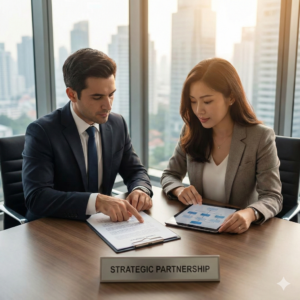 Professional collaboration between Richard Norman's team and legal counsel to manage complex real estate equity buyout strategies in a modern office setting.