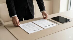 Financial specialist meticulously aligning a legal mandate document with mortgage funding requirements to ensure structural compliance for a multi-state equity buyout loan.