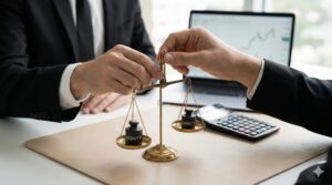 Financial professional adjusting a balance scale with weights labeled "EQUITY" and "ASSETS," visualizing the process of fair asset division in a complex equity buyout.