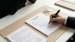 Professional hand signing a Final Settlement Agreement document on a desk, with property keys nearby, symbolizing the successful closing and decisive resolution of a specialized real estate equity buyout.